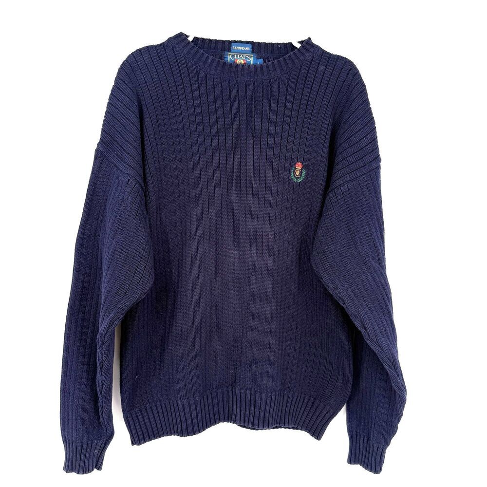 Chaps Ralph Lauren Vintage Sweater Navy Hand Framed Ribbed Crest Logo Men Size L